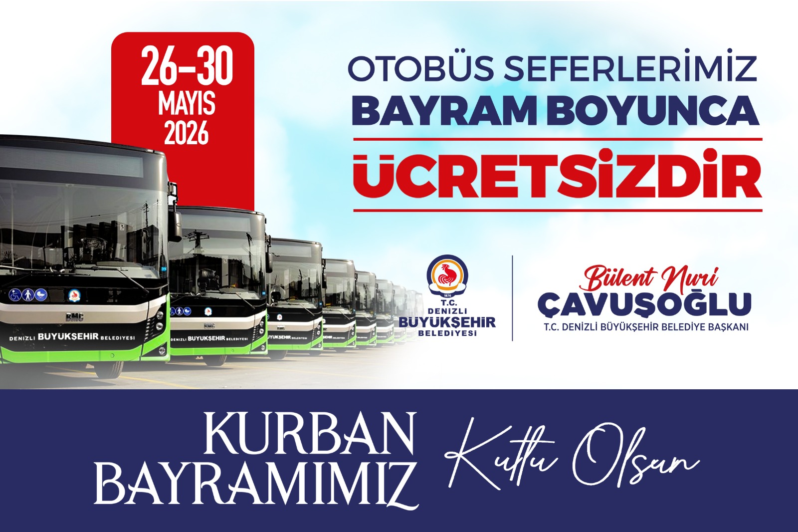 Denizli’de Bayramda Otobüsler Ücretsiz Olacak