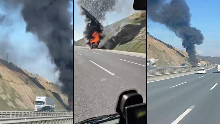 Kuzey Marmara Otoyolu’nda seyir halindeki iş makinesi küle döndü