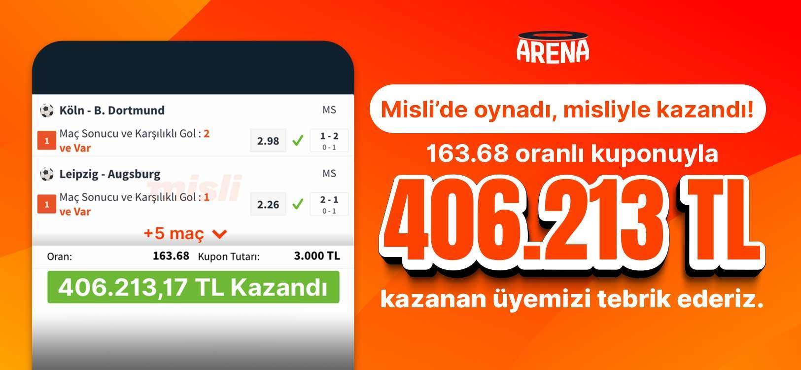 7 maçla 163.68 oran yakaladı, 406.213TL kazandı…